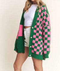 Jade By Jane - Button Down Long Sleeve Checkered Oversized Cardigan