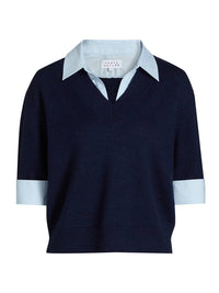 TANYA TAYLOR Esme Sweater Combo Top in maritime blue melange oxford - women's sweater - detail view