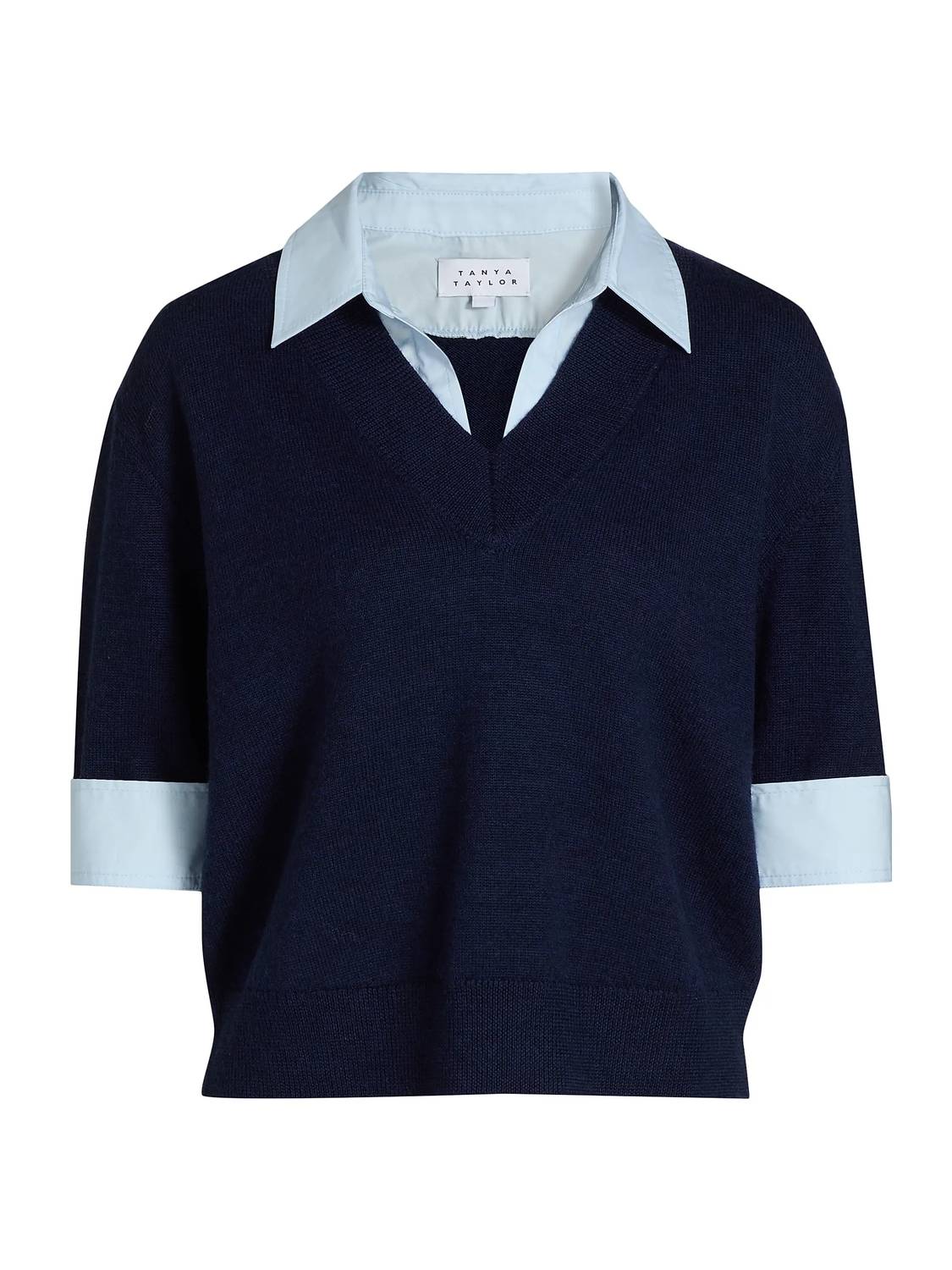 TANYA TAYLOR Esme Sweater Combo Top in maritime blue melange oxford - women's sweater - detail view