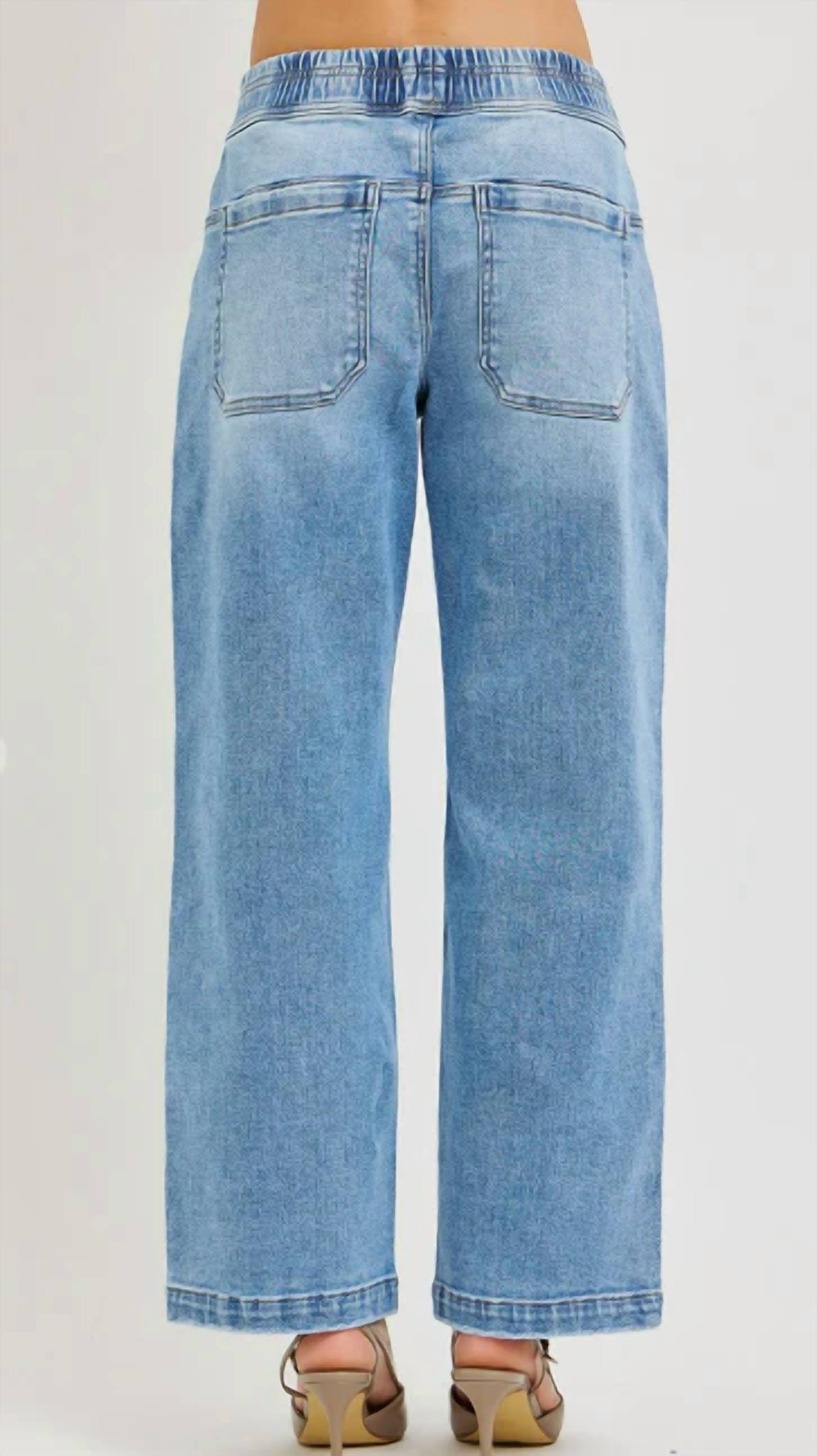 Risen - Elastic Slouchy Cropped Baggy Patch Pockets Jeans