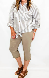 Multiples - Stone Linen Striped Top With Tie Waist