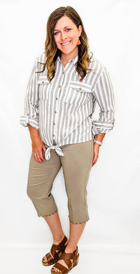 Multiples - Stone Linen Striped Top With Tie Waist