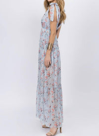 Fanco - Baby Blue Floral Deep V-neck Flowing Maxi Dress