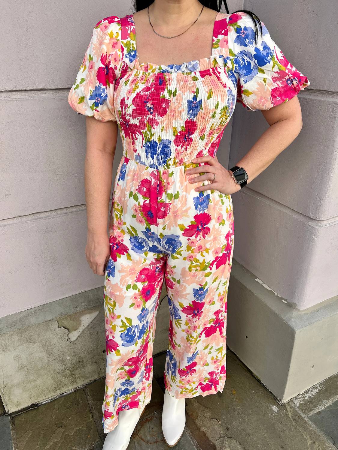 Skies Are Blue - Woven Floral Smocked Bodice Jumpsuit
