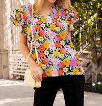 Umgee - Smocked Ruffle Sleeve Floral Top
