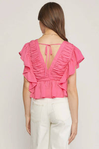 Entro - Solid V-neck Butterfly Sleeve Top