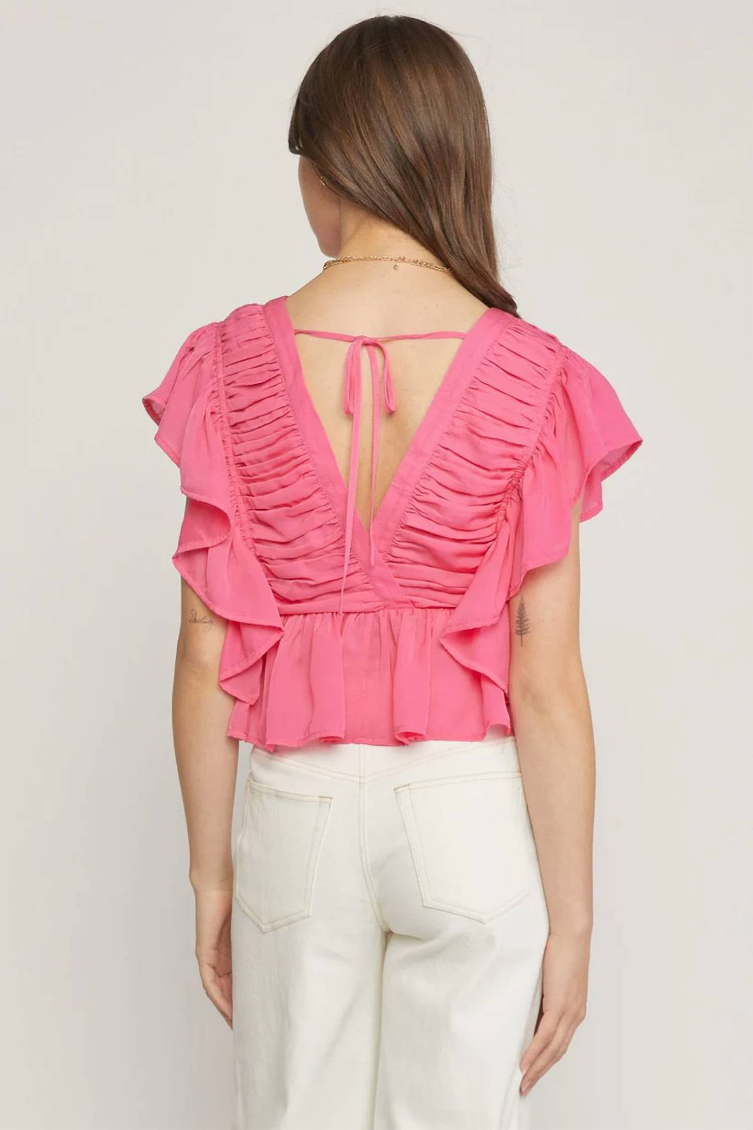 Entro - Solid V-neck Butterfly Sleeve Top
