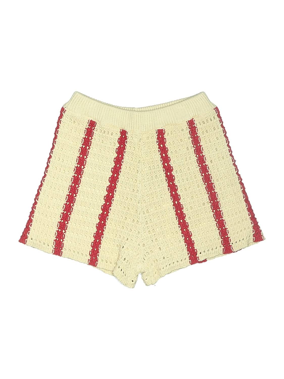 LE LIS Women's Open-knit Sweater Shorts in cream red stripe - women's shorts