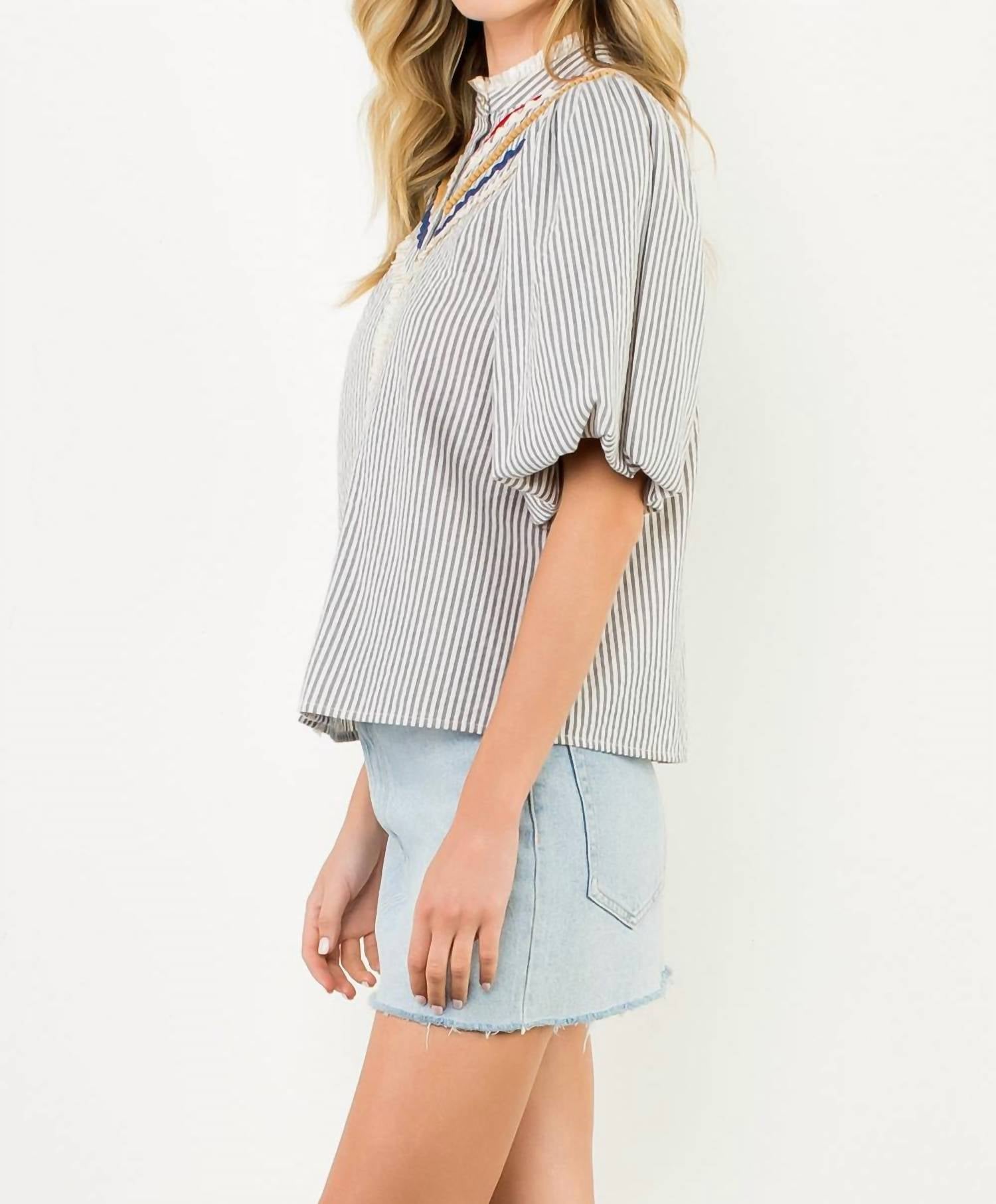 THML Puff Sleeve Striped Button Up Top in green - women's blouse - view 4