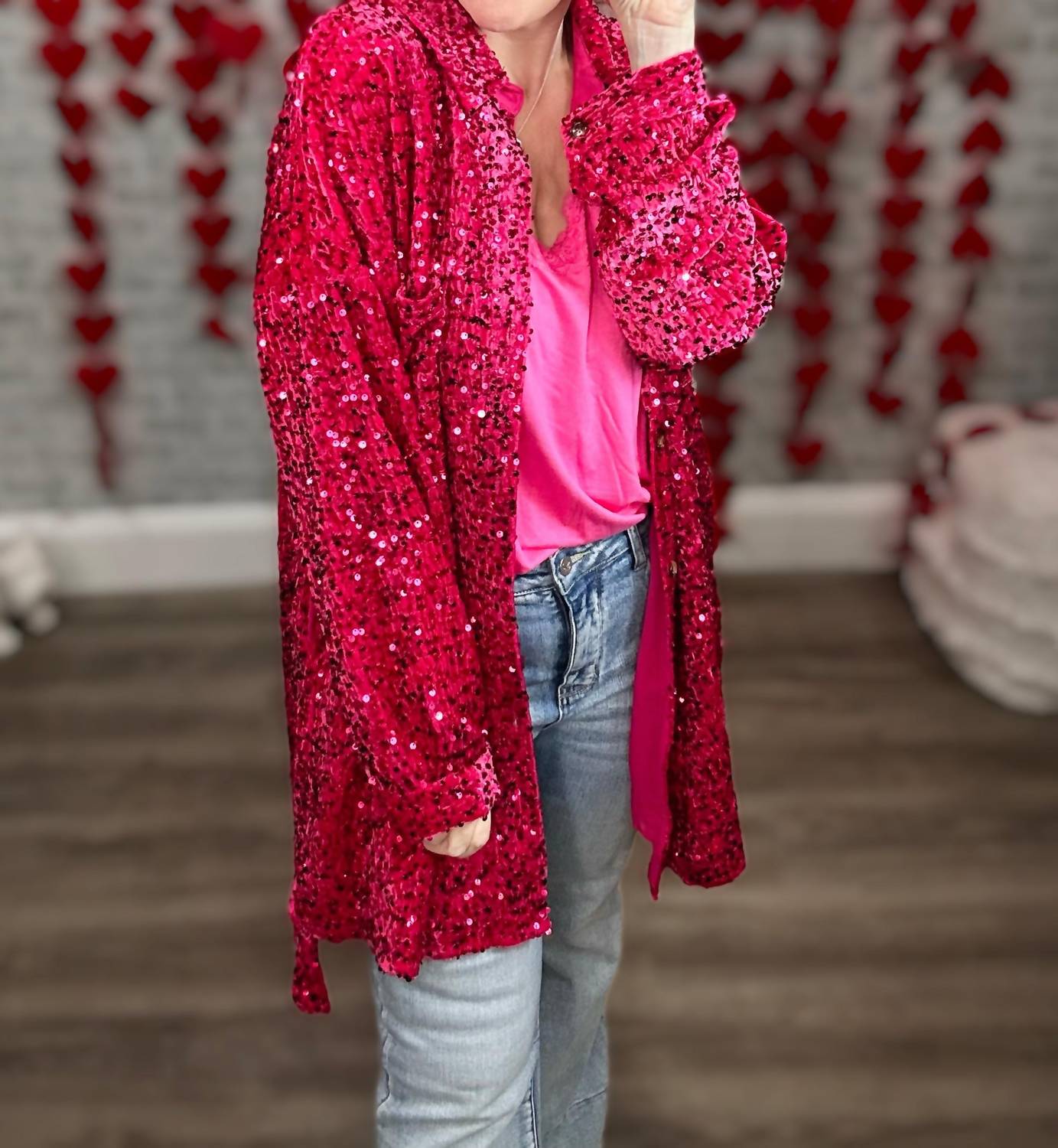 Davi & Dani - Sequins And Velvet Button Down Shirt Dress Cardigan