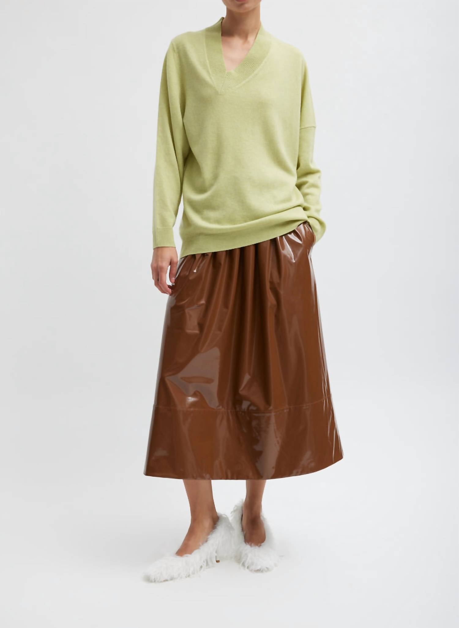Tibi - Light Weight Patent Smocking Waistband Full Midi Skirt