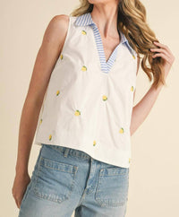&merci Fruit Pattern Collar Sleeveless Top in lemon - women's blouse - detail view
