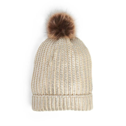 Coco + Carmen - Women's Metallic Faux Fur Pom-pom Beanie Hat
