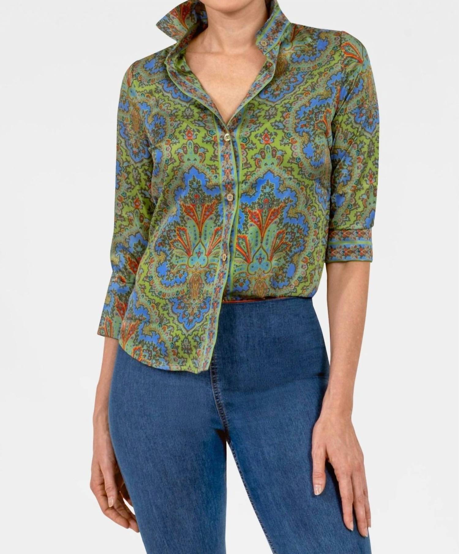 GRETCHEN SCOTT Passion Paisley Boyfriend Shirt in olive - women's blouse