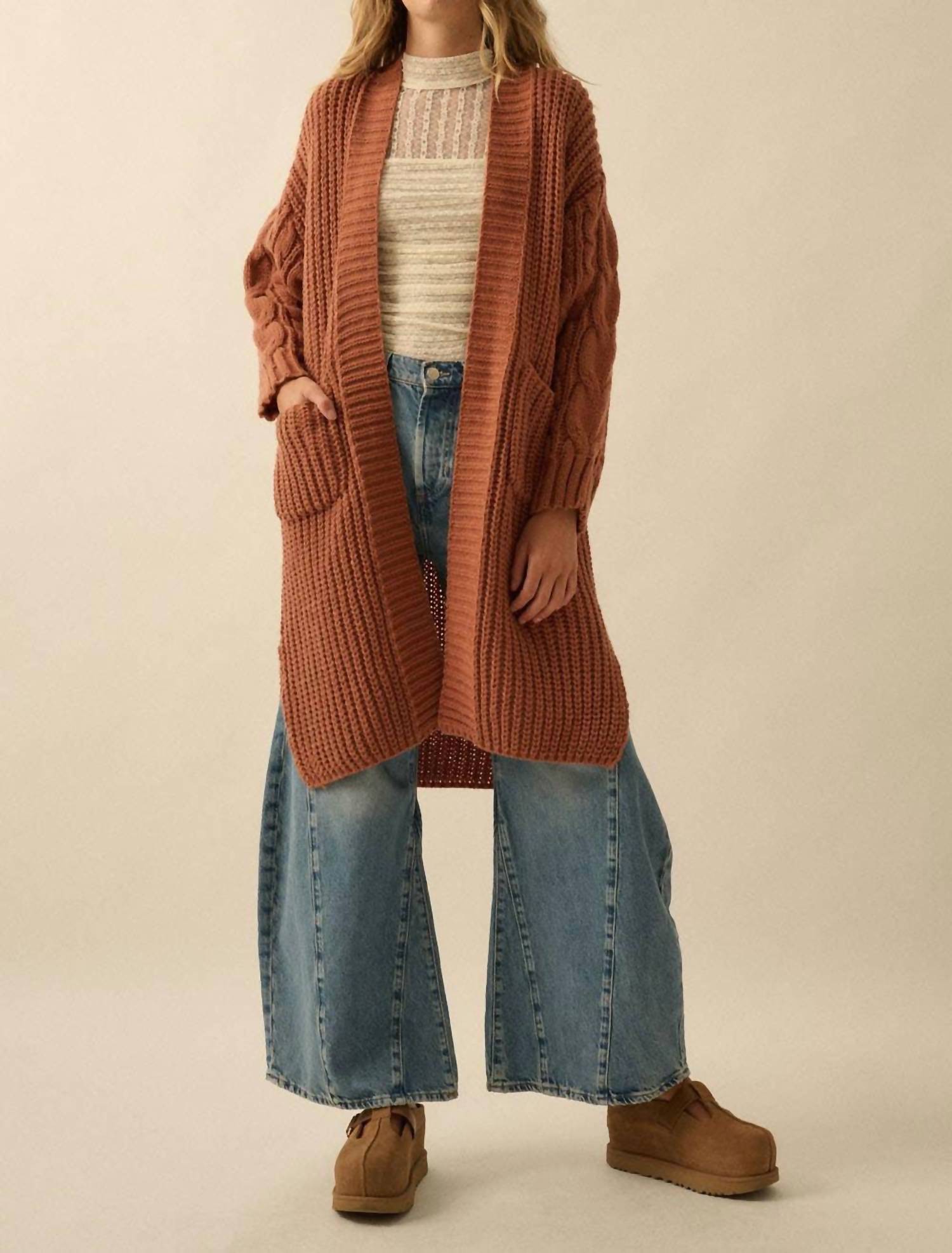 Promesa - Solid Rib Knit Open Front Cable Knit Cardigan