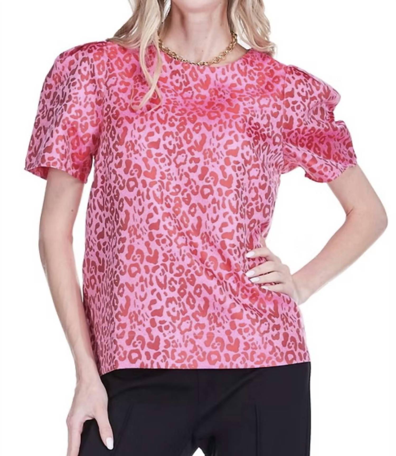 Joy Joy Short Sleeve Jacquard Top in berry leopard - women's blouse