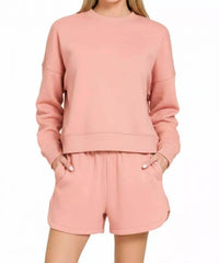 Zenana - Fleece Long Sleeve Sweatshirts And Shorts Set