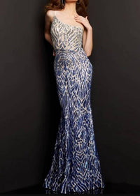 JOVANI Embellished One Shoulder Special Occasion Dress in silver royal - women's dress