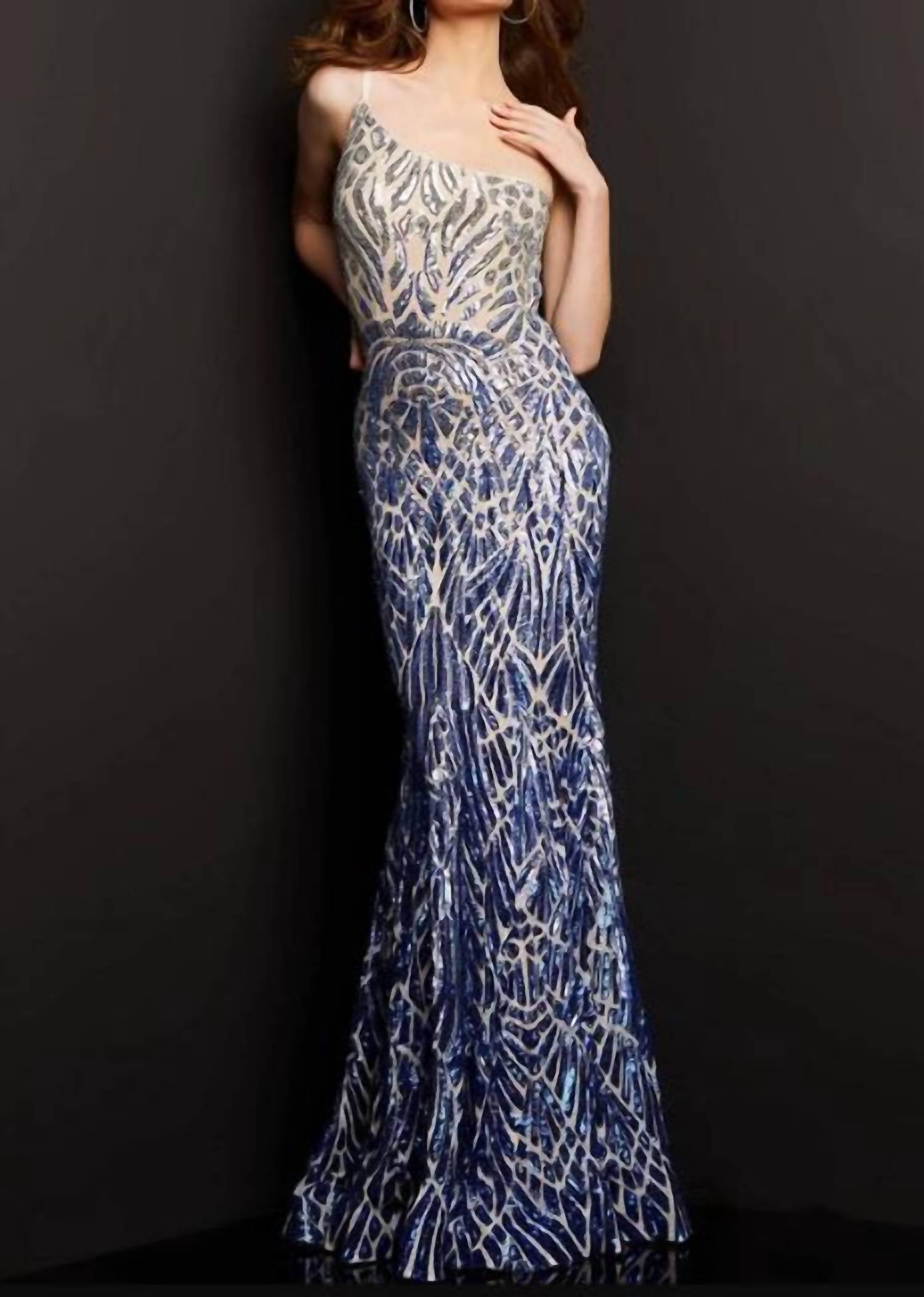 JOVANI Embellished One Shoulder Special Occasion Dress in silver royal - women's dress