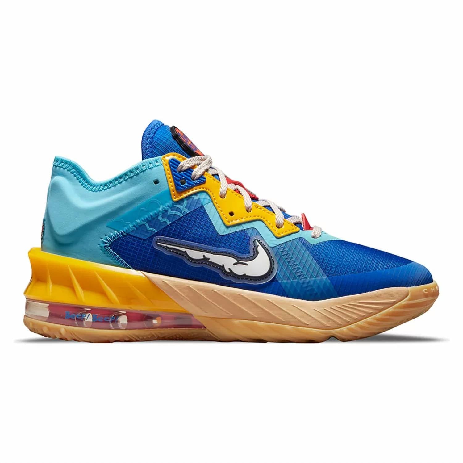 NIKE Men's Space Jam X Lebron 18 Low Wile E. Vs Roadrunner Shoes in racer blue baltic blue university gold white - men's shoe - detail view