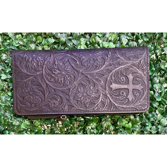 Montana West - Women's Tooled Genuine Leather Rfid Wallet With Detachable Zip Pocket