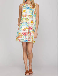 She + Sky - Sleeveless Woven Print A-line Mini Dress With Pockets