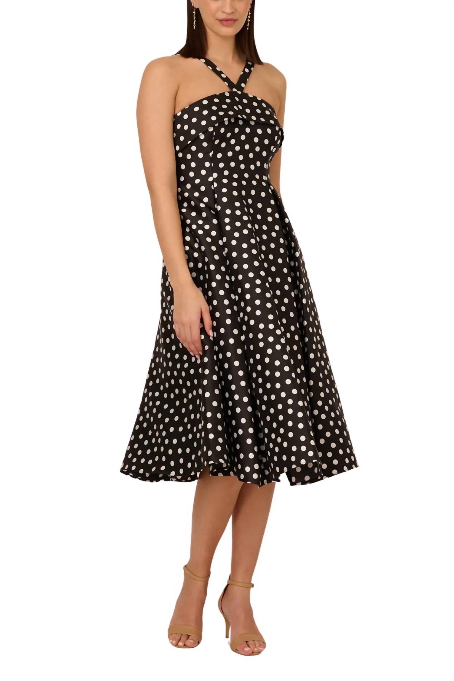Adrianna Papell - Polka Dot Halter Neck Midi Dress