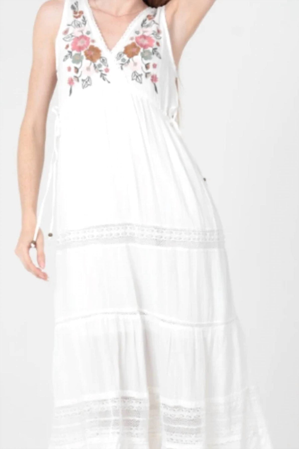 Angie - V-neck Sleeveless Tiered Dress With Embroidery