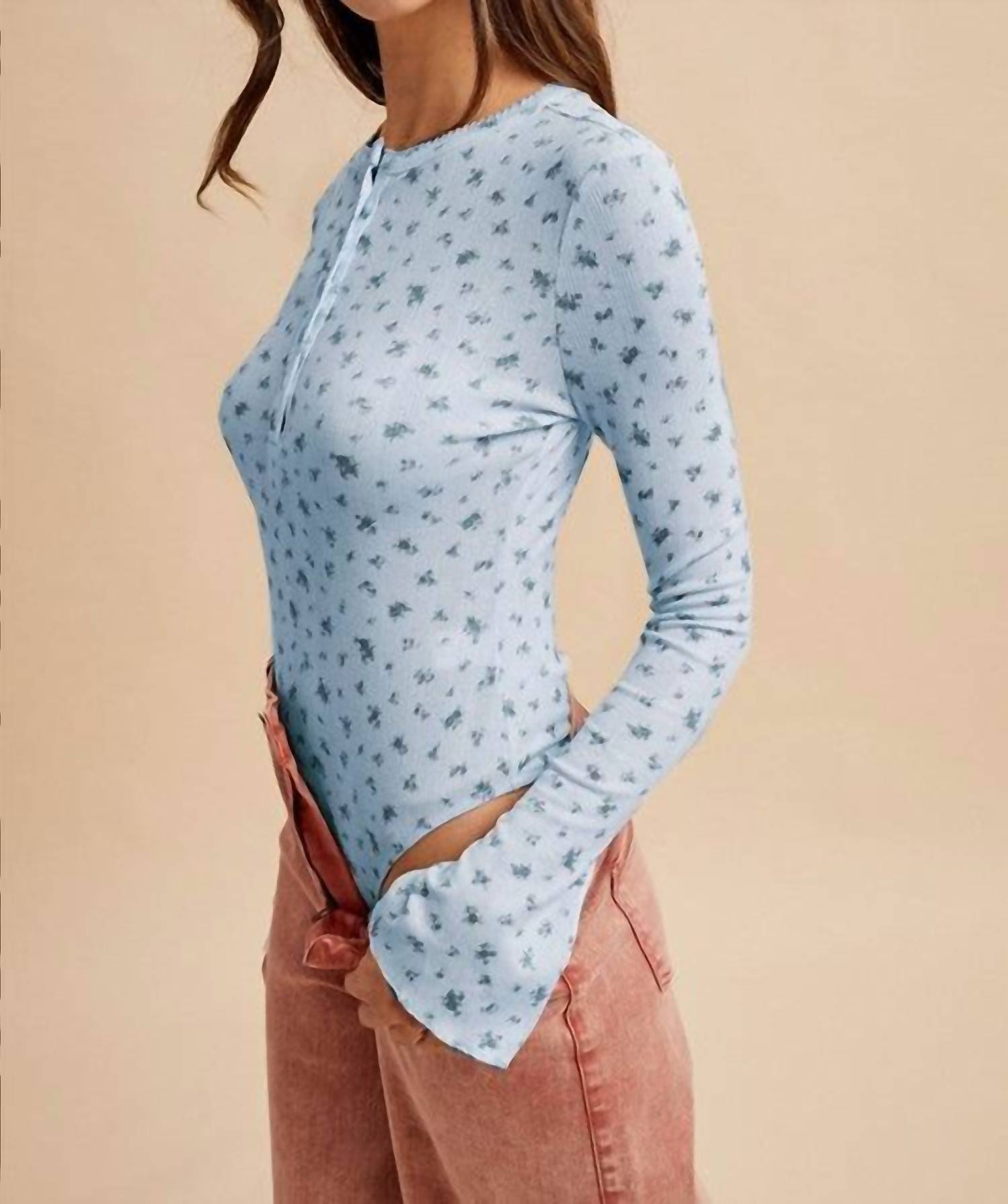 Blakely Ditsy Print Pointelle Knit Bell Sleeve Bodysuit in light blue - women's shirt - alternate view