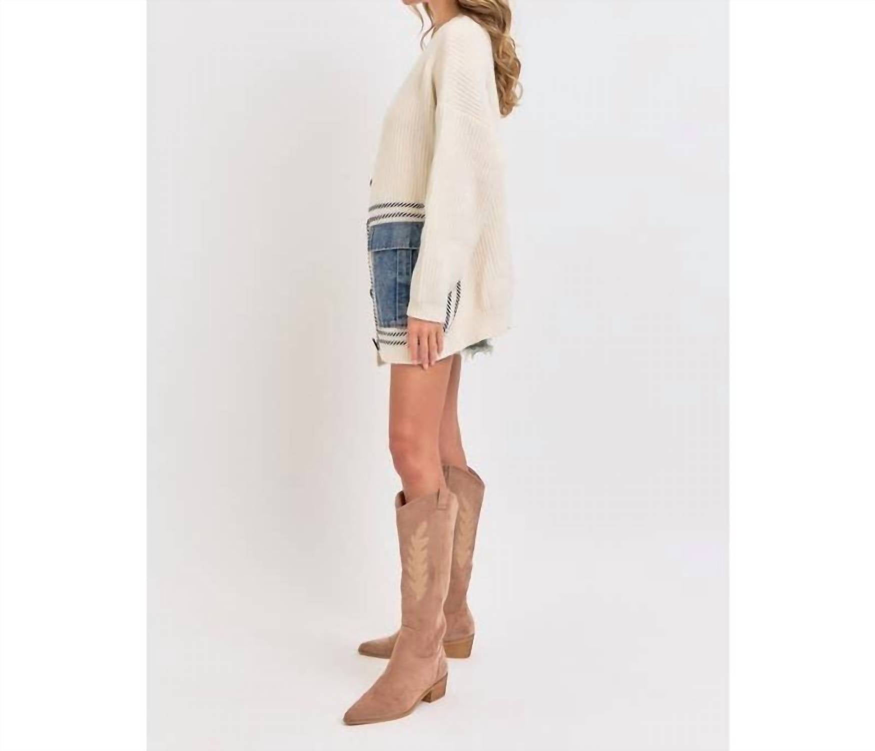 Bns - Knit Sweater Cardigan With Denim Pockets