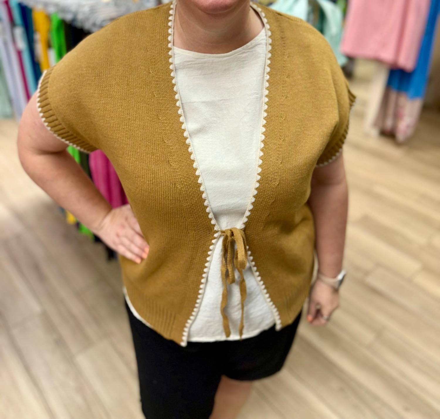 Urban Daizy Tie Front Vest in ochre - women's jacket