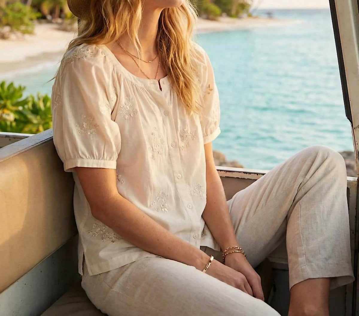 Karen Kane - Short Sleeve Embroidered Peasant Top