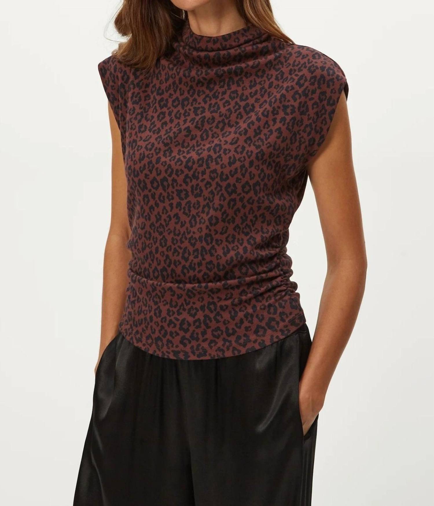 Michael Stars Amara Mock Neck Power Shoulder Top in espresso leopard - women's blouse - detail view