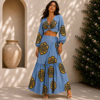 Mystery Resort - Azure Bloom Long Sleeve Maxi Skirt Set