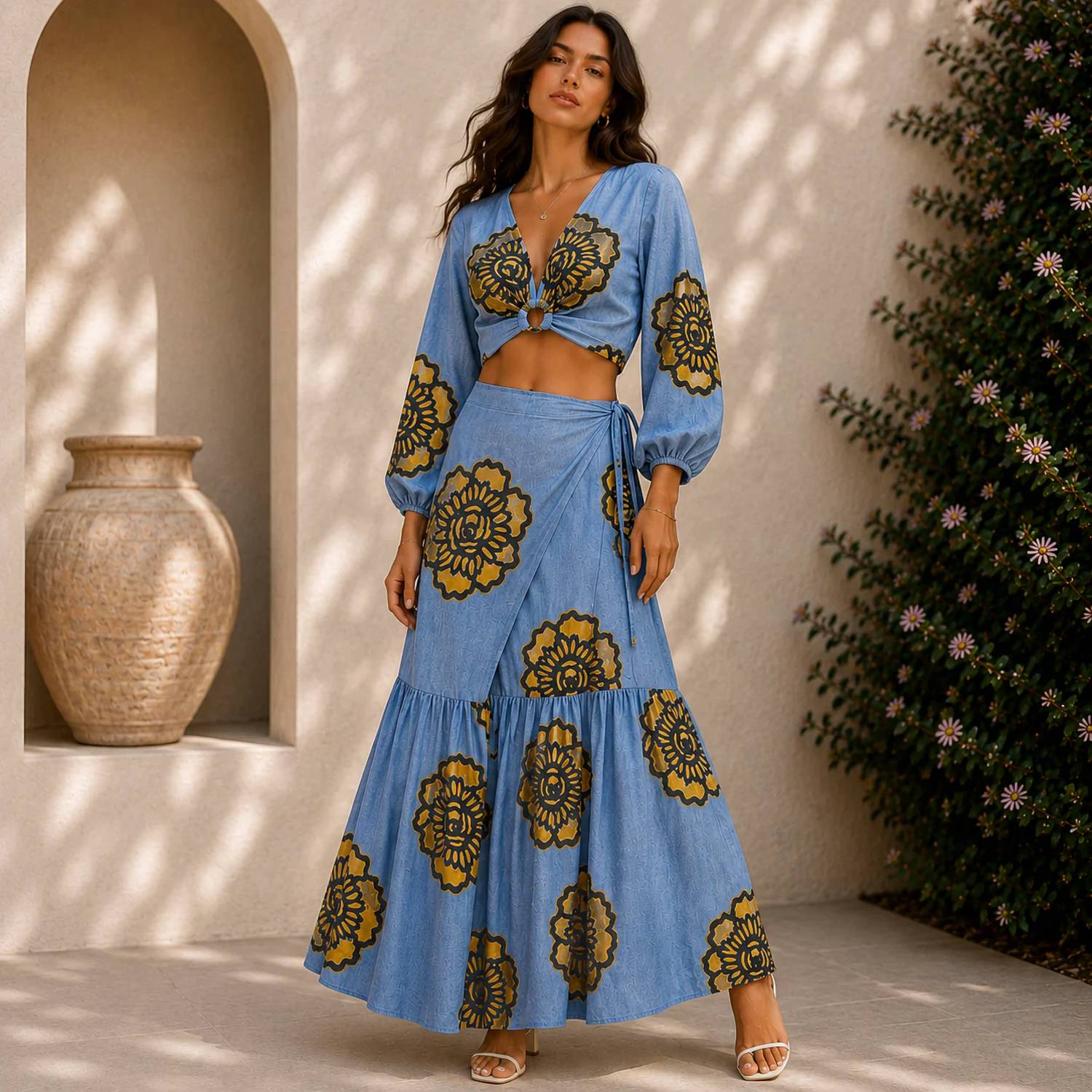 Mystery Resort - Azure Bloom Long Sleeve Maxi Skirt Set