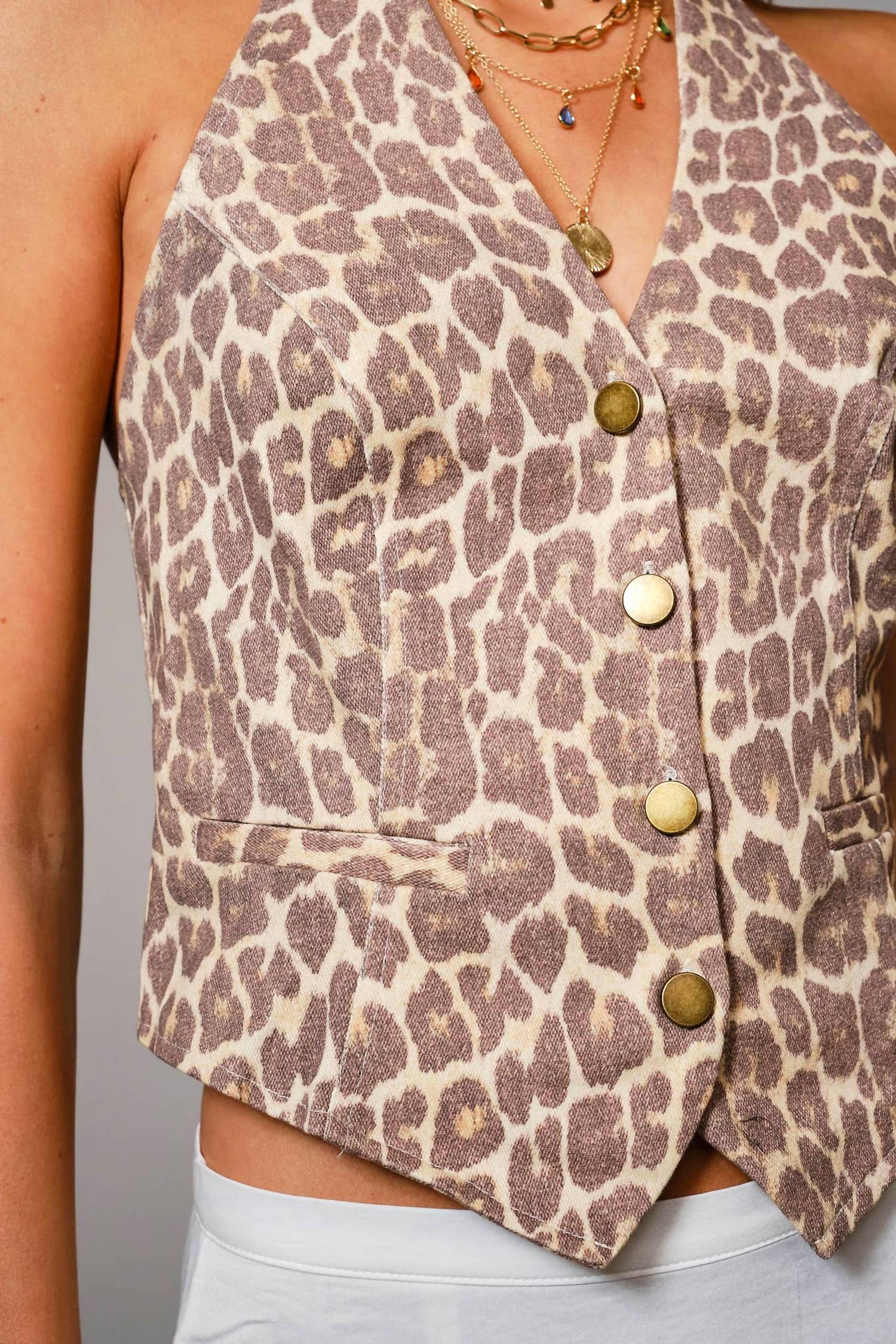 Blue B Soft Twill Pattern Halter Neck Vest in leopard - women's jacket - view 5