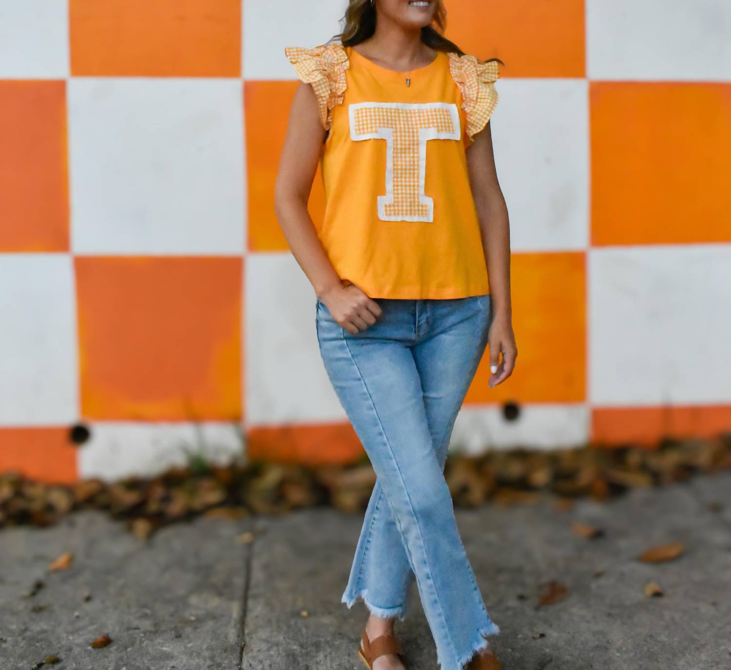 Anniewear - Patched Ruffle Sleeve Top