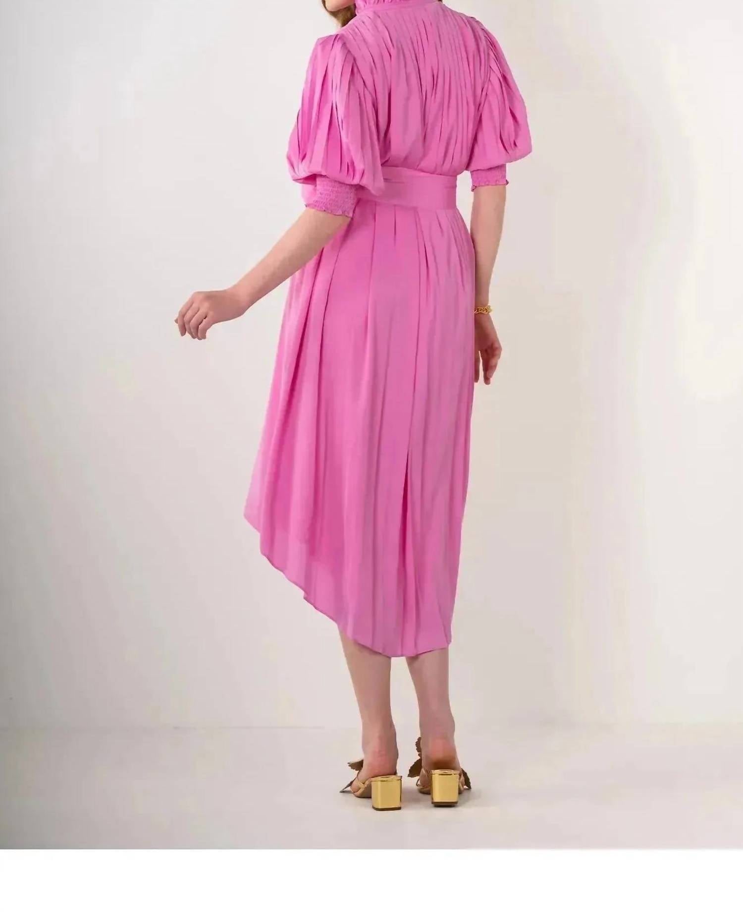 Emily McCarthy Puff Short Sleeve Rowan Midi Dress in fuchsia - women's dress - detail view