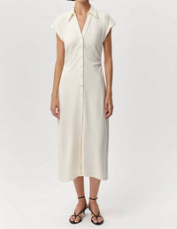 Exquise - Ursula Collared Gathered Waist Knit Midi Dress