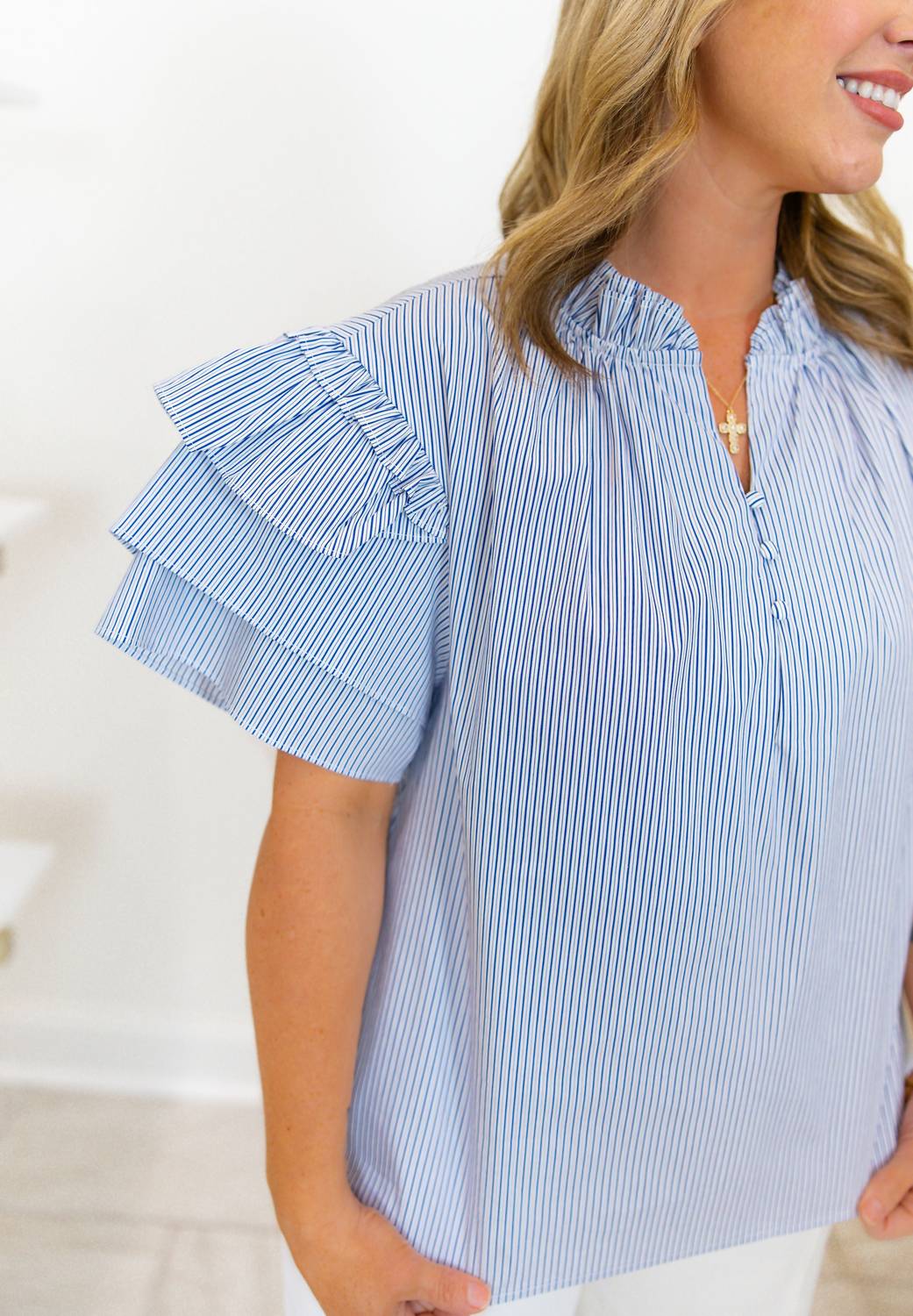 Joh Jessy Top in blue white - women's blouse - detail view