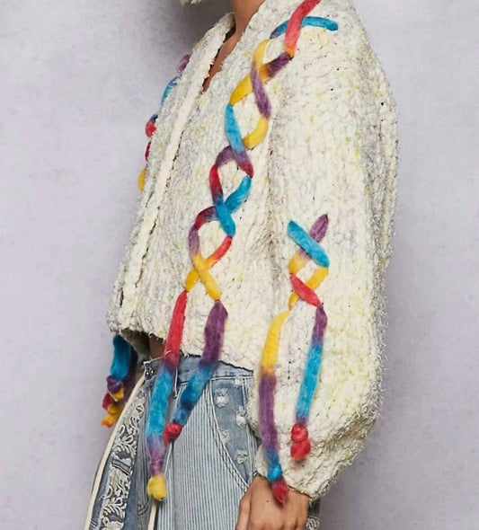 Pol - Soft Chenille Style Textured Cardigan With Multi Colored Tie