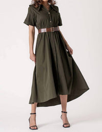 Urban Daizy Exaggerated Collar Spring Shirt Belted Midi Dress in olive - women's dress