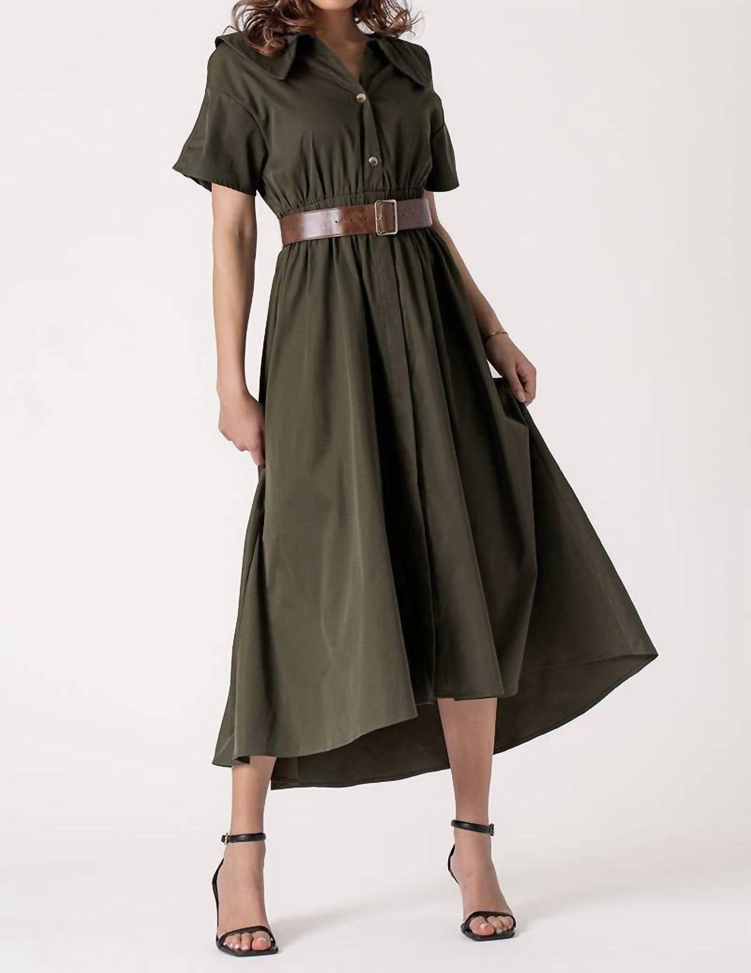 Urban Daizy Exaggerated Collar Spring Shirt Belted Midi Dress in olive - women's dress