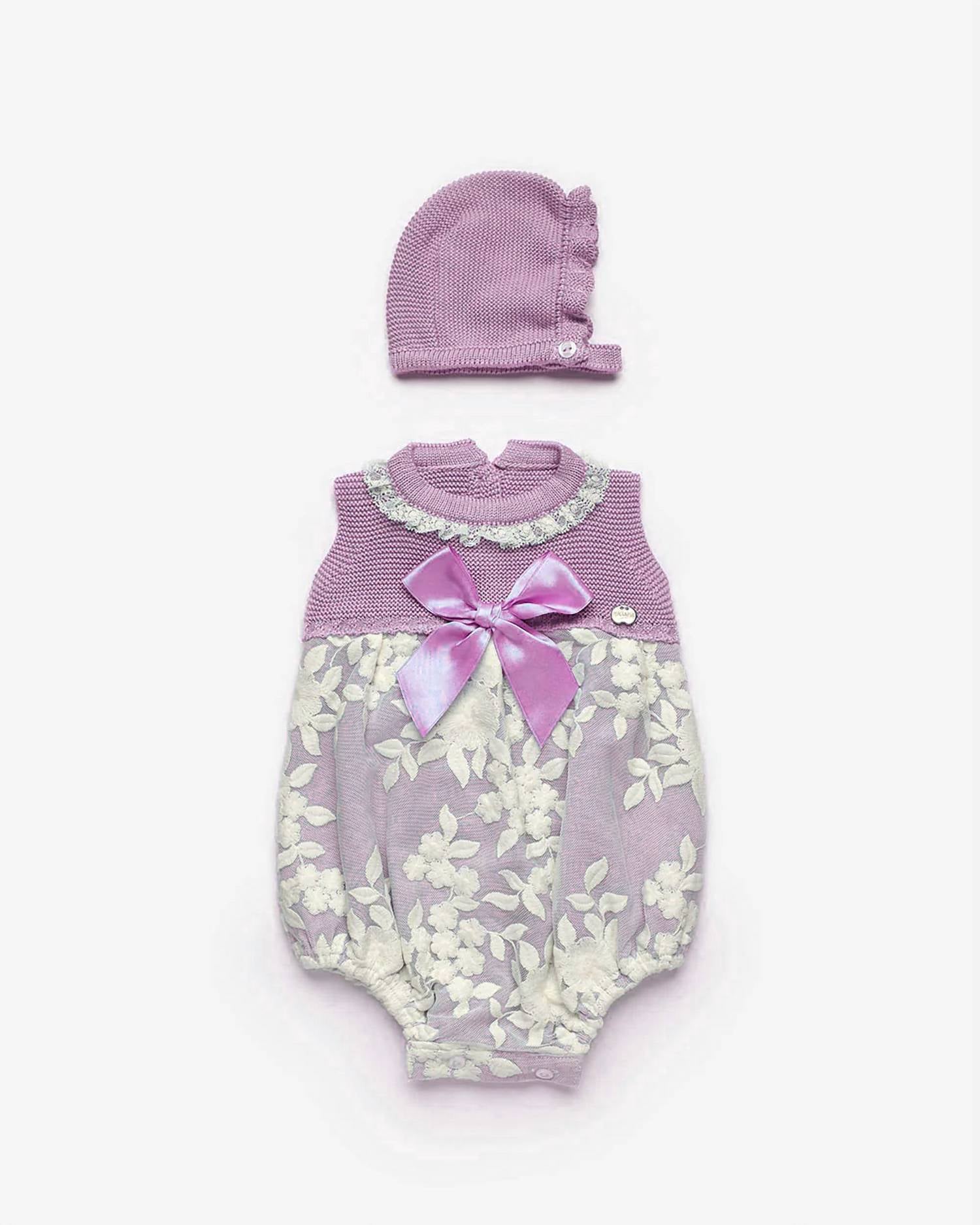 Juliana - Girl's Knit Front Bow Onesie And Hat Set