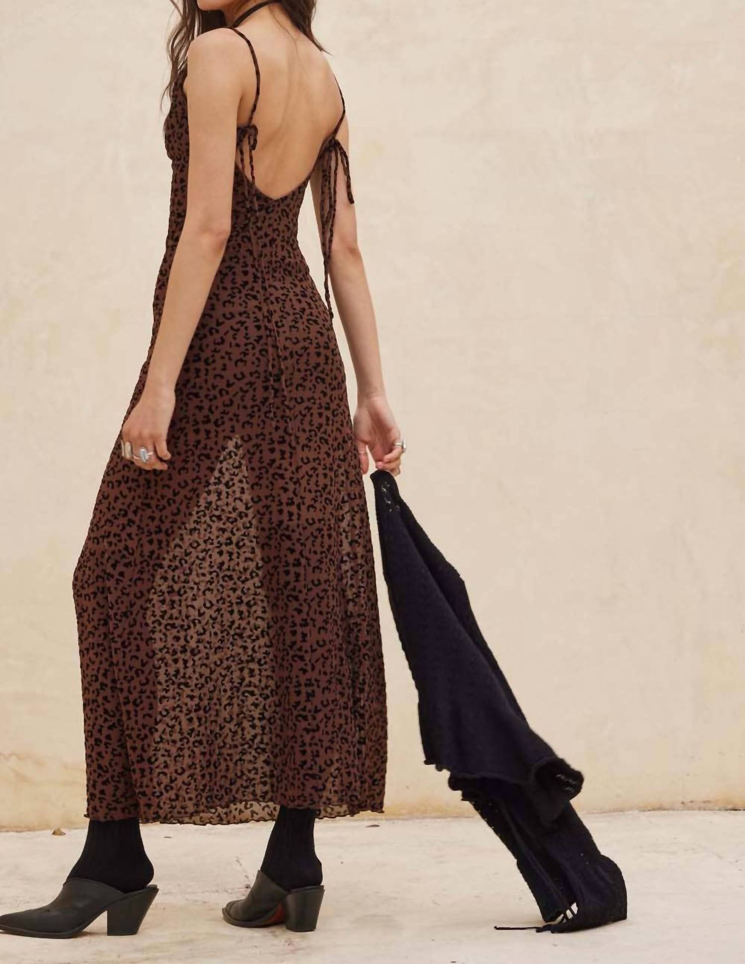 Promesa - Flocked Leopard Mesh Cowl Neck Maxi Dress