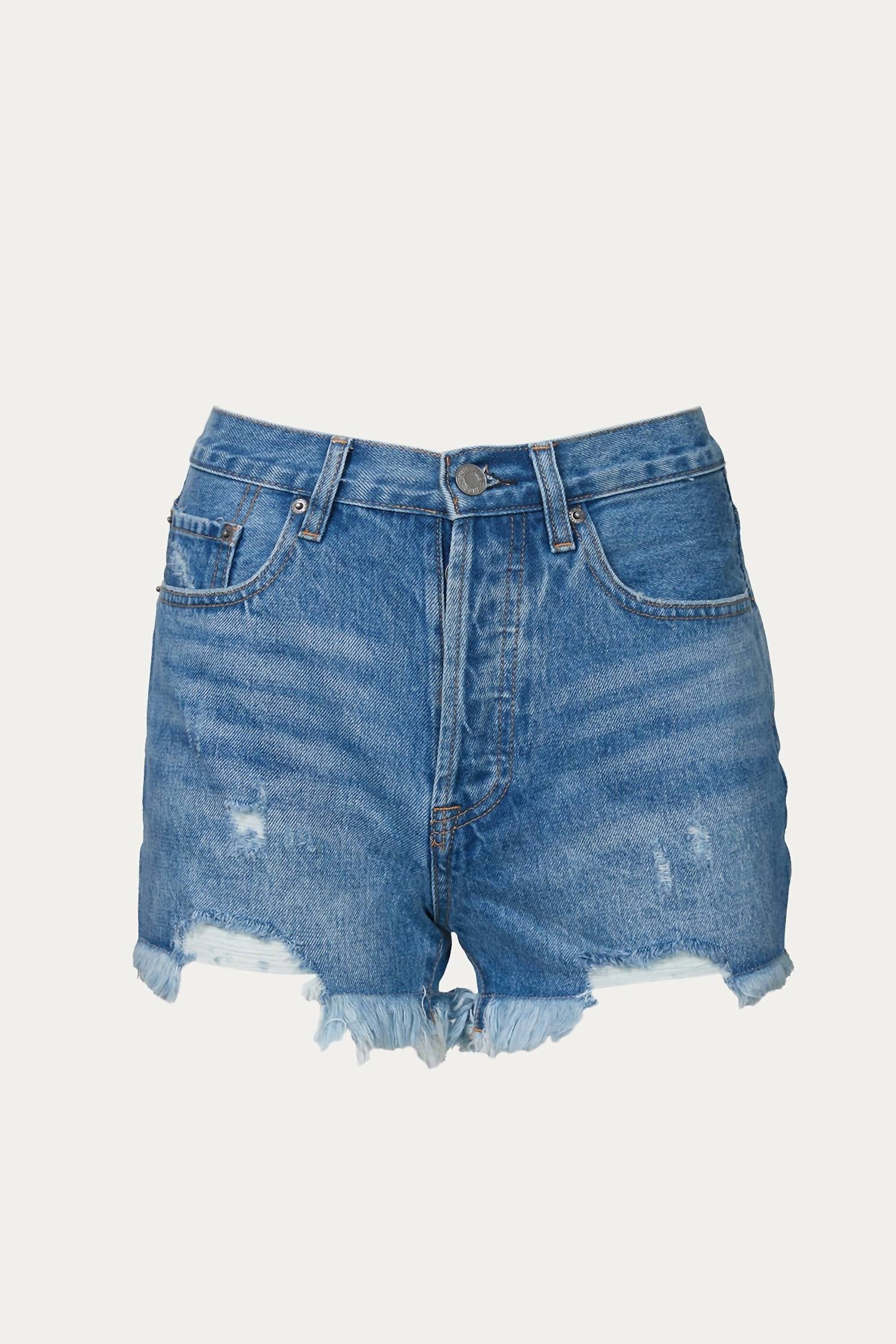 FRAYED HIGH-RISE DENIM SHORT