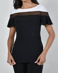 Frank Lyman - Brenlynn Ruffle Short Sleeve Knit Top With Sheer Panel
