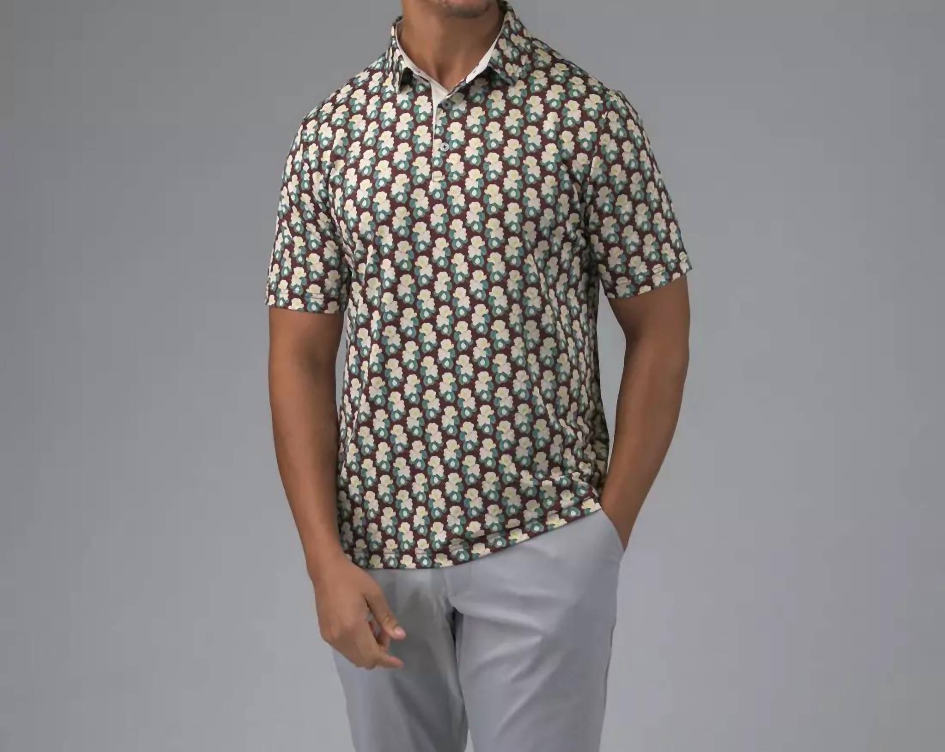Good Good Golf Grand Entrance Short Sleeve Polo in brown floral - men's shirt