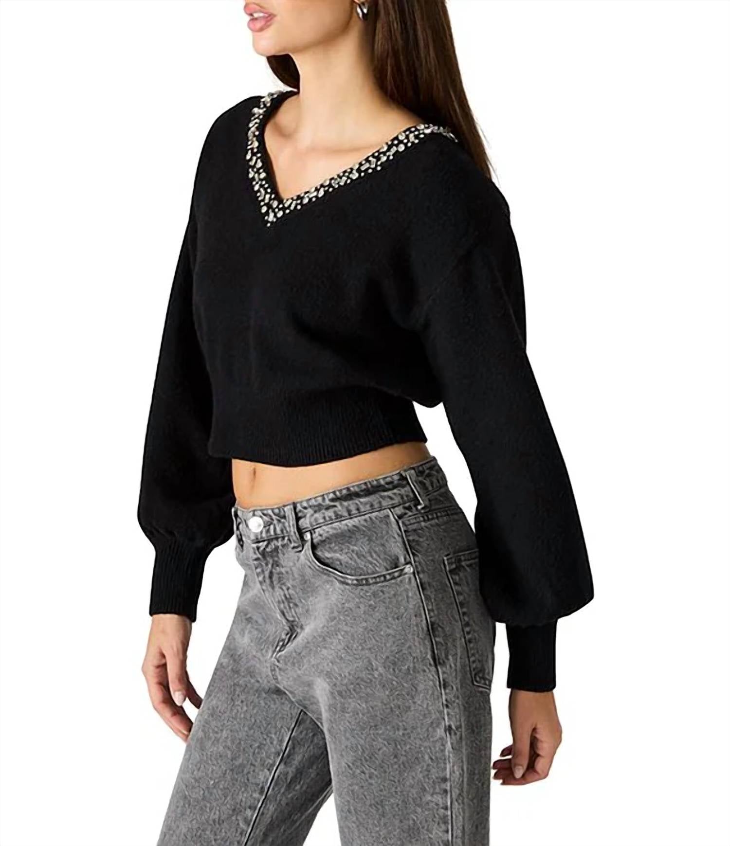 STEVE MADDEN Evilyn V-neck sweater in black - women's long sleeve top
