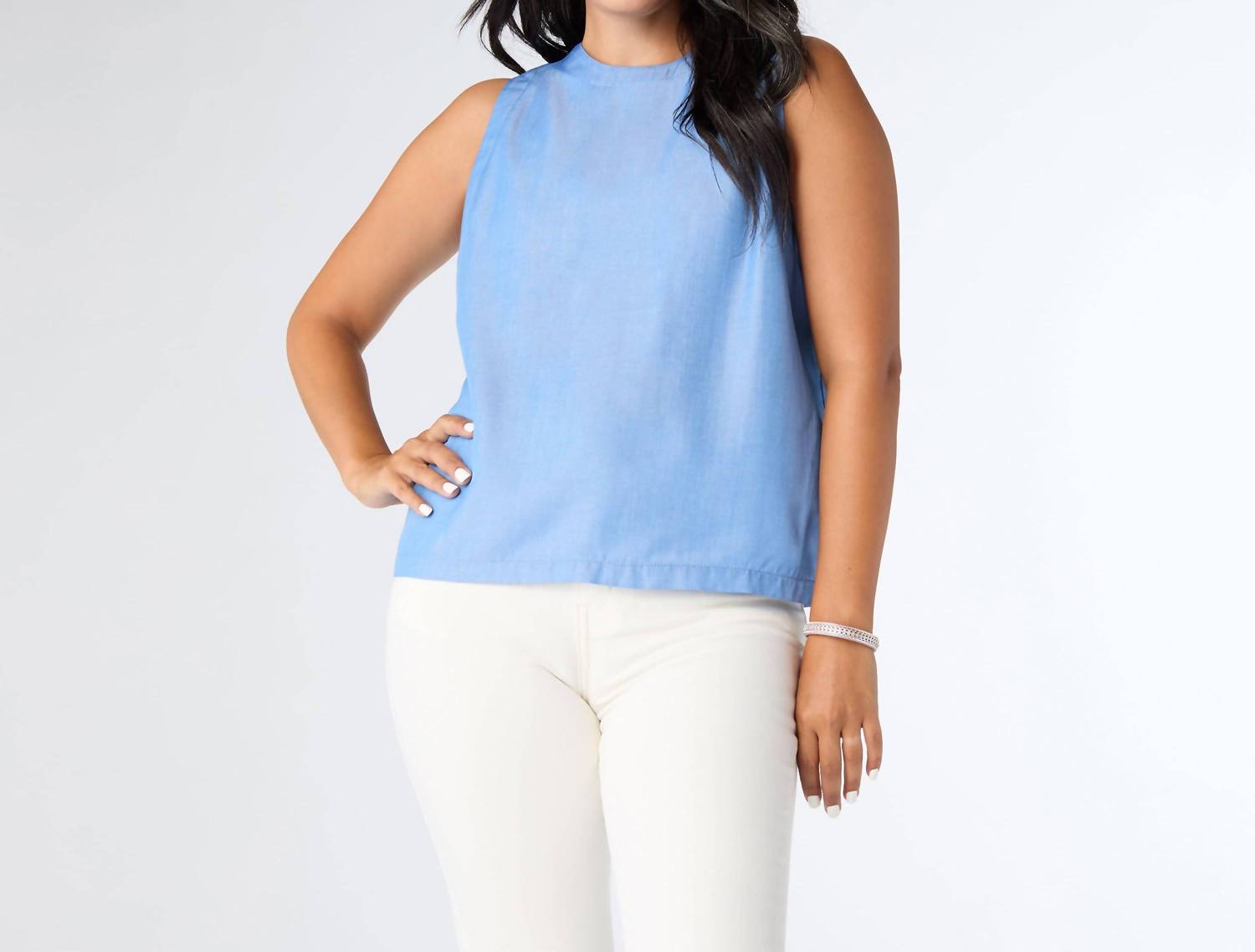 COCO + CARMEN Carey Tank with Back Button Detail in light denim - women's tank top